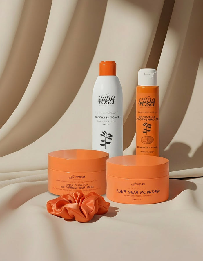 زيت انبات و اطاله مع حمام كريم الزبدات و ماسك السدر و ماء روزماري